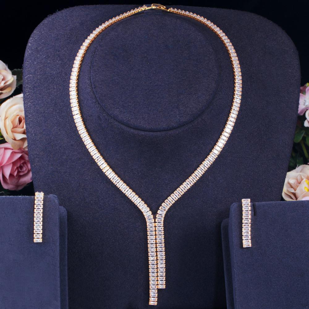 CMM Shiny Cubic Zirconia Elegant Long Dangling Drop Tassel Wedding Costume Necklace Brides Jewelry Sets for Women