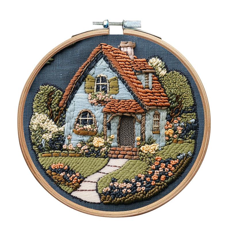 1 Stk. Haus- und Blumenmuster Stickerei DIY Stoffbastelset mit Werkzeugen