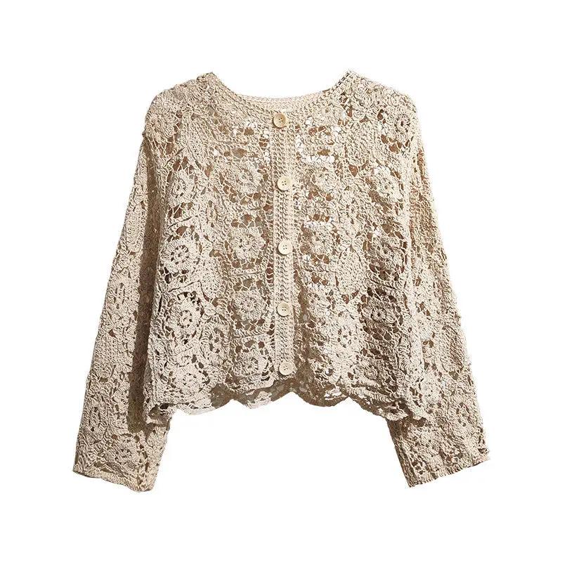 Lace Small Shawl Cotton Cardigan Female Spring and Summer O Neck Long Sleeve Solid Casual Versatile Hollow Cardigan Female