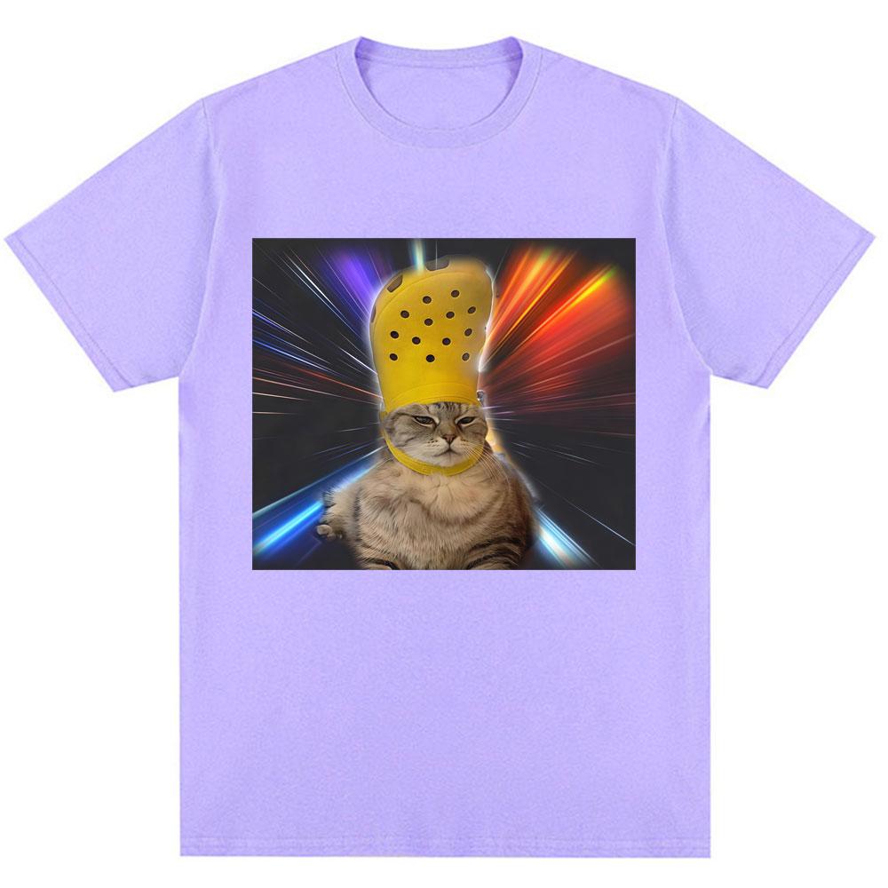 Funny Cat with Croc on Its Head Meme T Shirt Men Women Humor Popular Joke T-shirts Personality Oversized Cozy Cotton O-Neck Tees