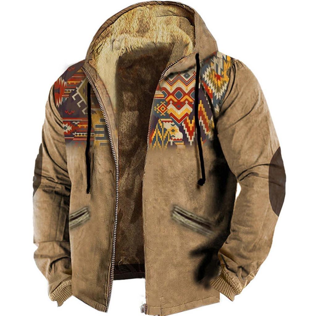 Winter Men's Vintage Lamb Wool Jacket Fashion Retro Print Hooded Zipper Fleece Lined Hoodie Outwears Warm Plush Bomber Jacket