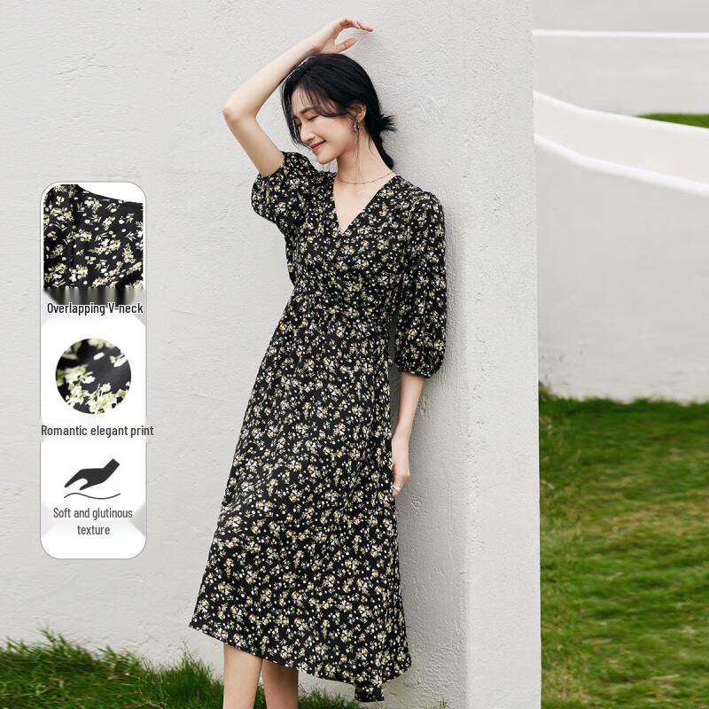 Shangdu Bila Floral V-Neck A-Line Chiffon Midi Dress