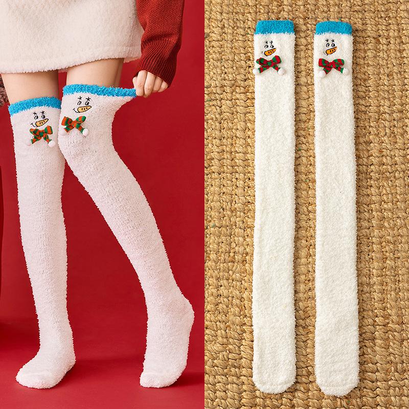 Autumn and Winter Coral Fleece Sleep Socks Thickened and Warm Christmas Gift Cartoon Calf Socks Half-fleece Women's Over-the-knee Socks