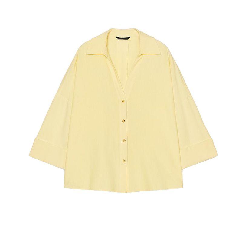 

Spring New Women s Clothing Elegance Style Linen Blend Plaid Wide Sleeve Lapel Shirt Tops 2340712 Yellow L