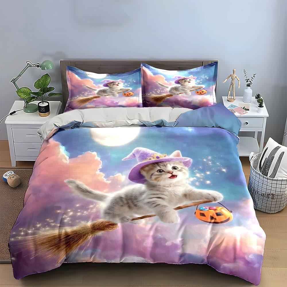 Cute Kitten Halloween Decoration Set Soft Comfortable Duvet Cover Bedding Set Included 1*Duvet Cover & 2*Pillowcases, Gift