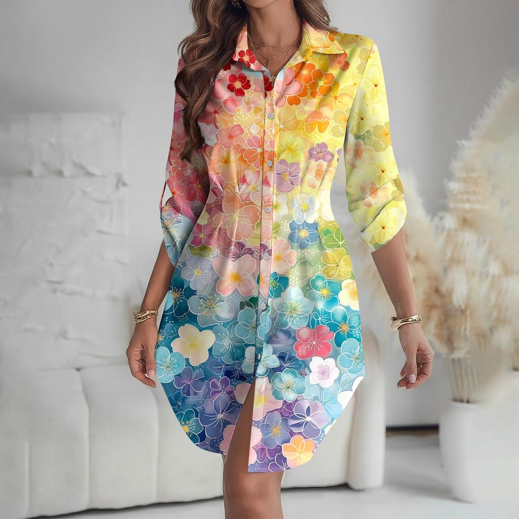 Women's Loose-fitting V-neck Long-sleeved Dress Print Work Shirt Dress