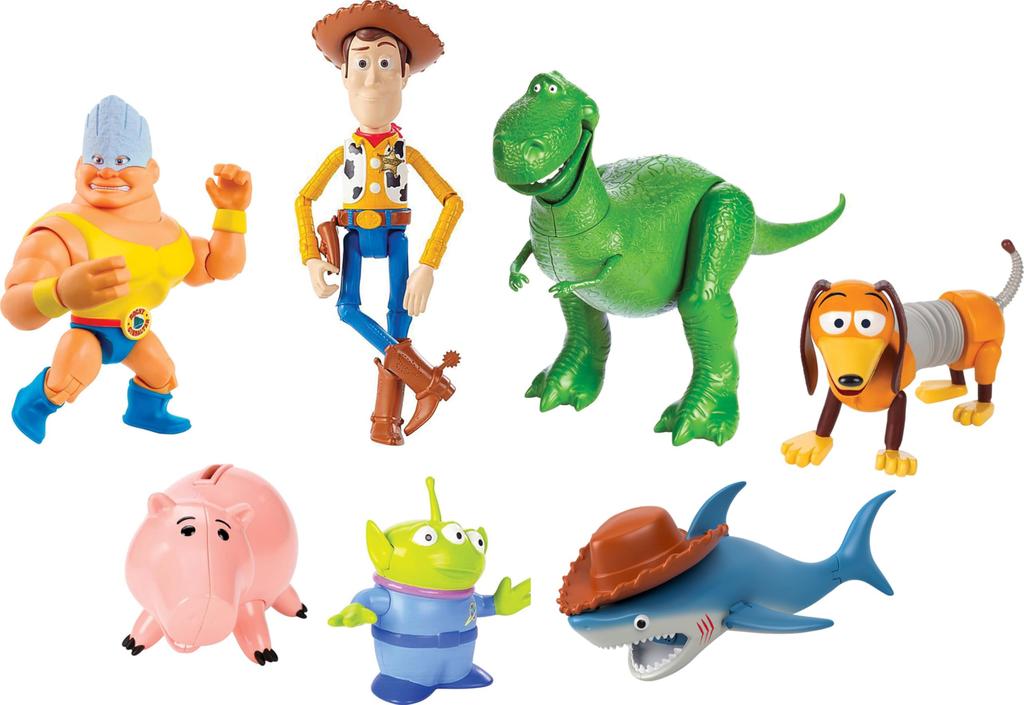 Mattel Disney and Pixar Toy Story 7-Piece Action Figure Set with Woody, Slinky, Rex, Hamm, Alien, Rocky, and Shark - Disney100 Collectibles