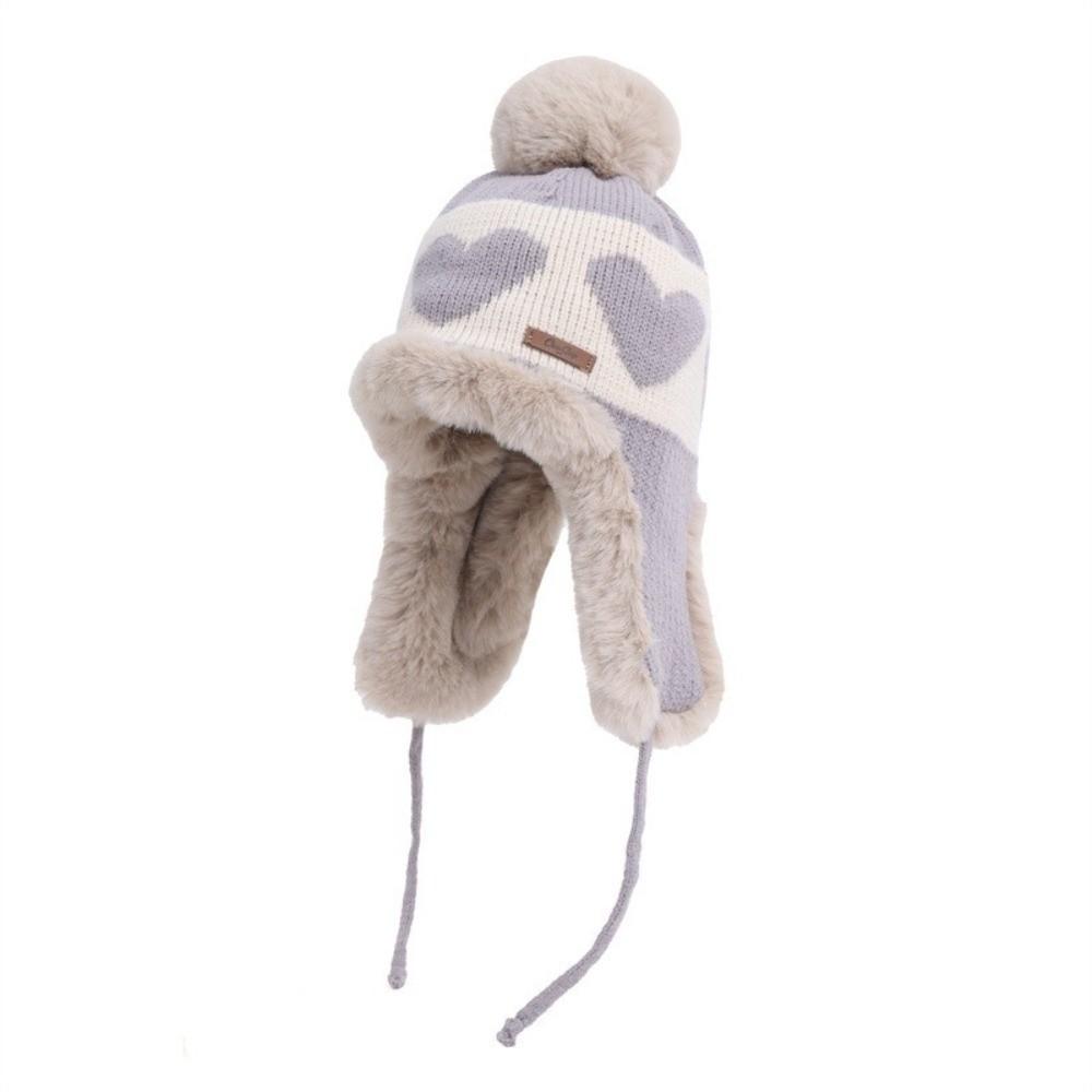 Polyester Trapper Hat Pom Pom Thick Warm Lining Winter Hat Heart Pattern Ear Flap Hat For Women