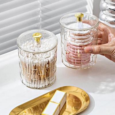 Runde Aufbewahrungsbox für Wattestäbchen mit Griffdeckel, staubdicht, durchsichtig, PET, moderne Desktop-Wattepad, Gesichts-Make-up-Puff, Behälter, Organisation