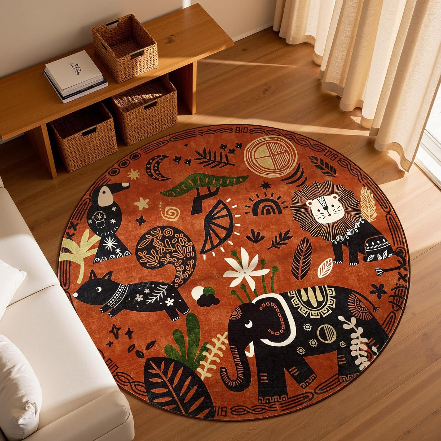 Tribal Safari Round Rug Orange Base Elephants Lions and Ethnic Patterns 60cmx60cm