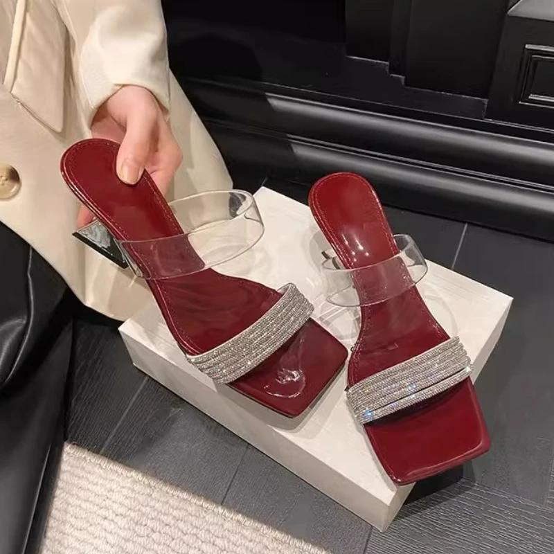 Fashion Crystal Mid Heels Women Slippers Designer Pvc Heeled Slides Woman Shoes 2025 Summer Sandals Pumps Sexy Shallow Chaussures Femme