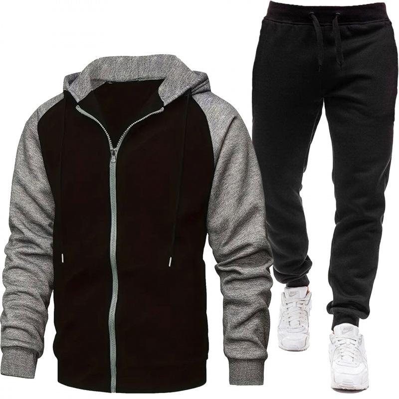 Men Clothes Jacket + Black Sports Pants For Autumn And Winter, Color-Blocked, Fashion Long Sleeve Casual Sweatshirt Set