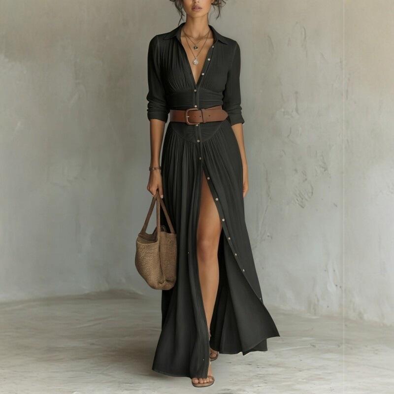 European and American style V-neck thin shirt skirt holiday style long split dress belt design sense