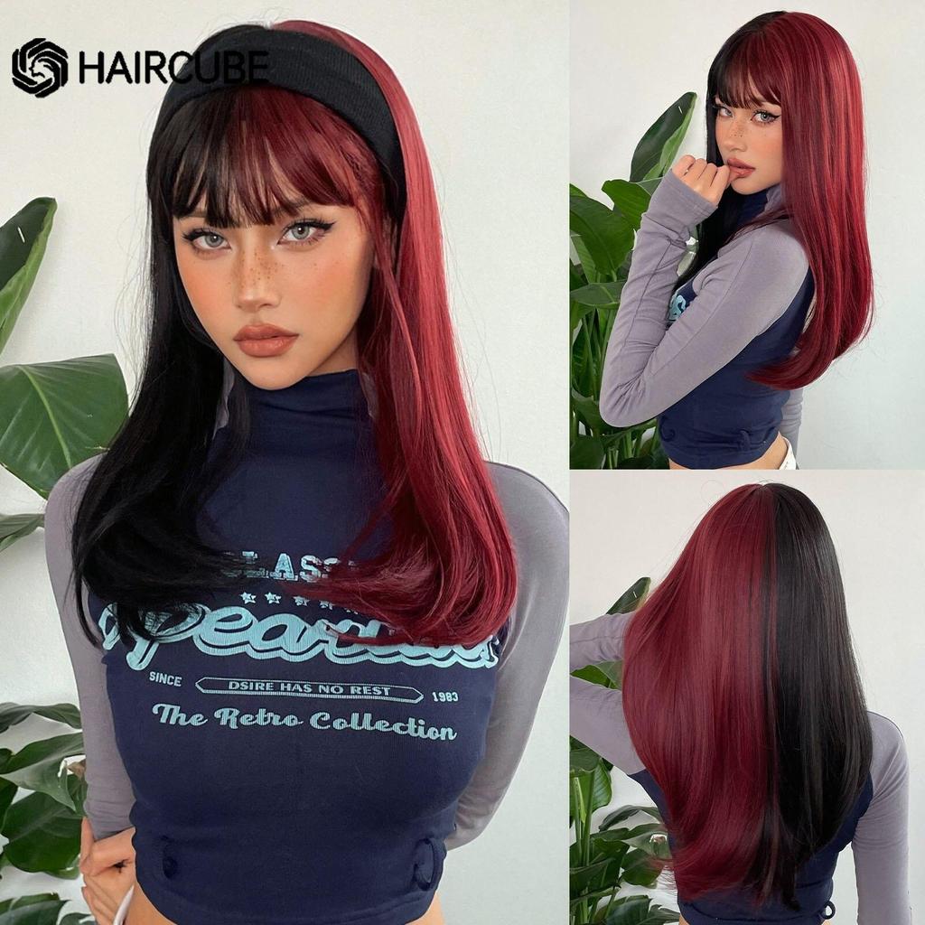 HAIRCUBE Silvery Grey Synthetic Straight Wig For Women Long Straight Gray Cosplay Wig With Bangs Daily Heat Resistant Fake Wigs