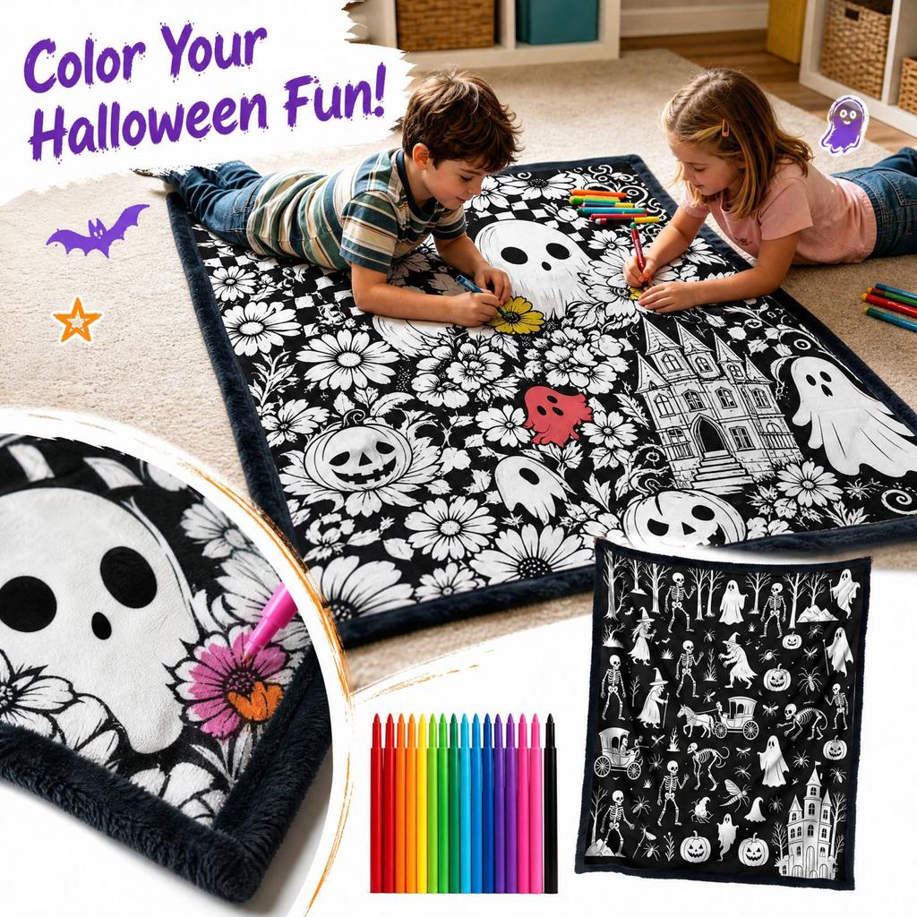 Kids Halloween Doodle Drawing with Markers, 130150 Cm Large Coloring Blanket for Children Family Activity