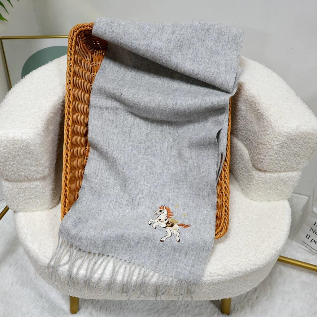 New Year's Embroidered Wool Scarf for Autumn and Winter Thickened Warm Scarf With Tassel