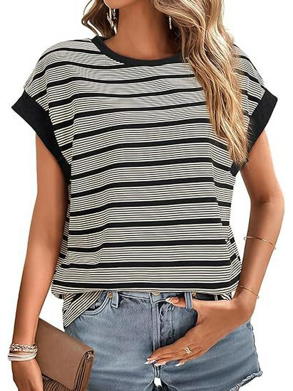 Dámské pruhované volné pletené tričko 2025: Evropská a americká móda, léto/jaro s kulatým výstřihem
