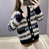 Autumn and winter new knitted cardigan retro rhombus lattice lazy wind loose sweater jacket women