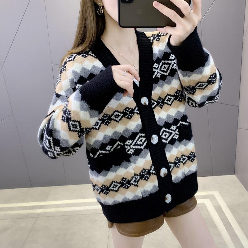 Autumn and winter new knitted cardigan retro rhombus lattice lazy wind loose sweater jacket women