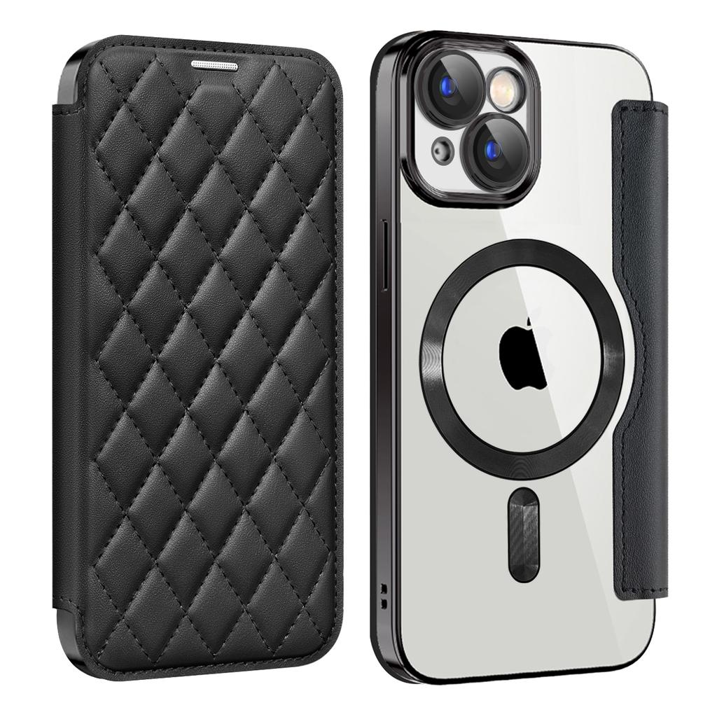 For iPhone 15 Plus Built-in Lens Film Phone Case RFID Blocking Card Slots Leather Cover Compatible with MagSafe