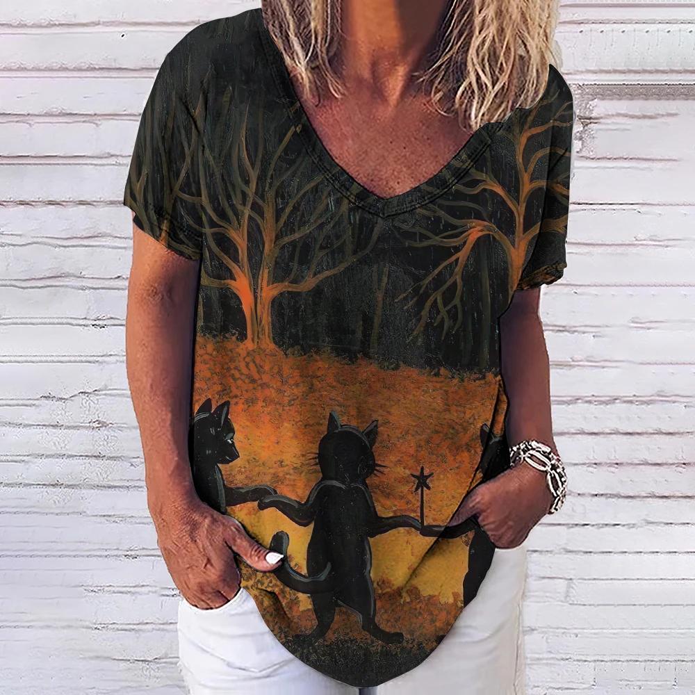 Women's T-shirt 3D Fashionable Cat Print V-neck Short Sleeved Basic Top Street Wear Summer Casual Loose Fitting Women's Clothing