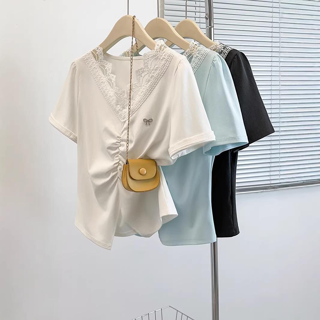 2026 Summer Plus Size Women s Korean Bow Lace Ruffle Short Sleeve T-Shirt L чёрный