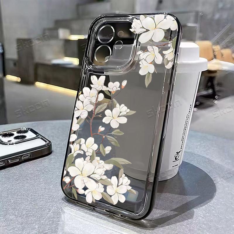 Delicate White Floral Green Leaves Phone Case for iPhone 17 16 15 14 13 12 11 16E Series Pro Max Plus Double Layer Protection