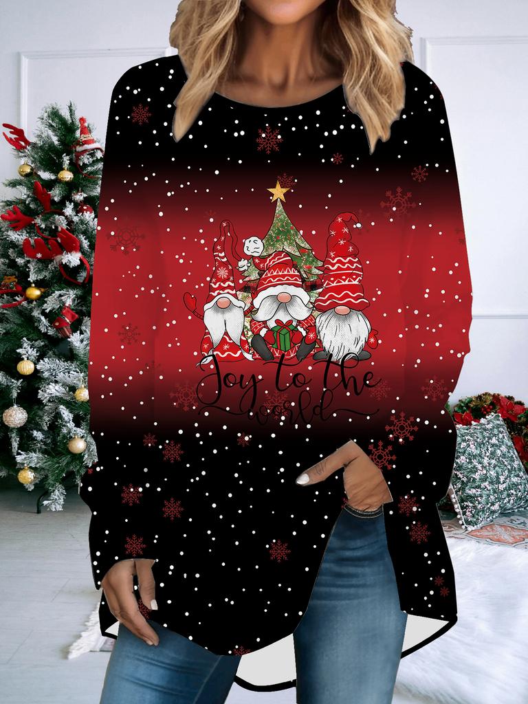 Übergröße Damen Frühling Weihnachten Bedruckt Bequem Langarm Rundhals T-Shirt Lässig Weit Mittelang Tops
