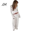 Büroparty-Kleidung Hosen Damen Sweatshirt 2-teiliges Set, V-Ausschnitt Slim Fit Oberteil & Hohe einfarbige Lounge-Kleidung mit Taille Weiter Bein Hosen, für Frühling