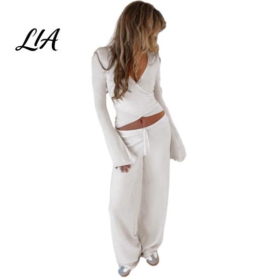 Büroparty-Kleidung Hosen Damen Sweatshirt 2-teiliges Set, V-Ausschnitt Slim Fit Oberteil & Hohe einfarbige Lounge-Kleidung mit Taille Weiter Bein Hosen, für Frühling