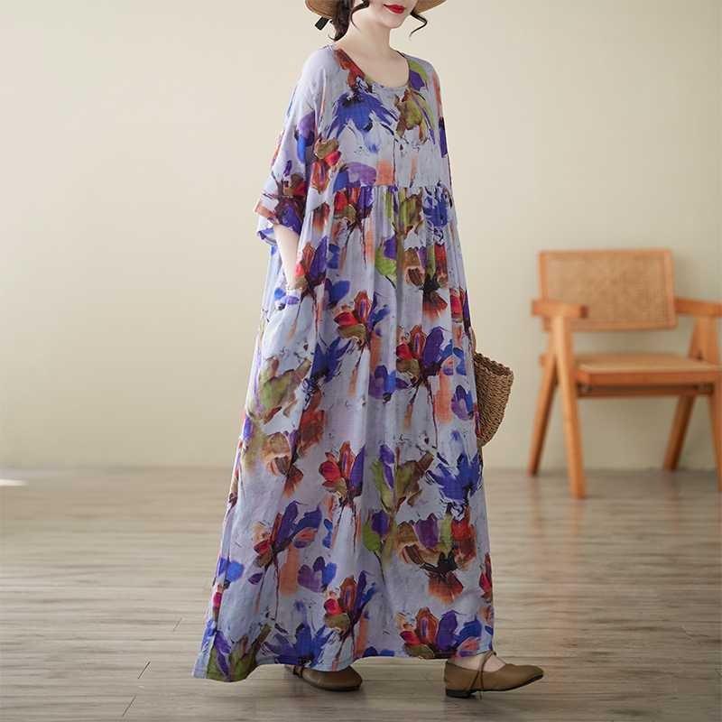 Boho Summer Dress for Women  Loose Fit V-Neck Short Sleeve Cotton Linen Maxi Dress Casual Beach Vacation Dress