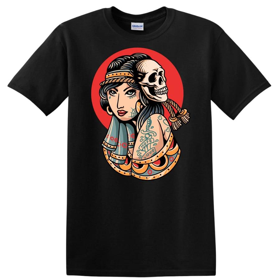 Tattooed Woman Skull Vintage Art Graphic T Shirt for Women Cute Retro Tee S