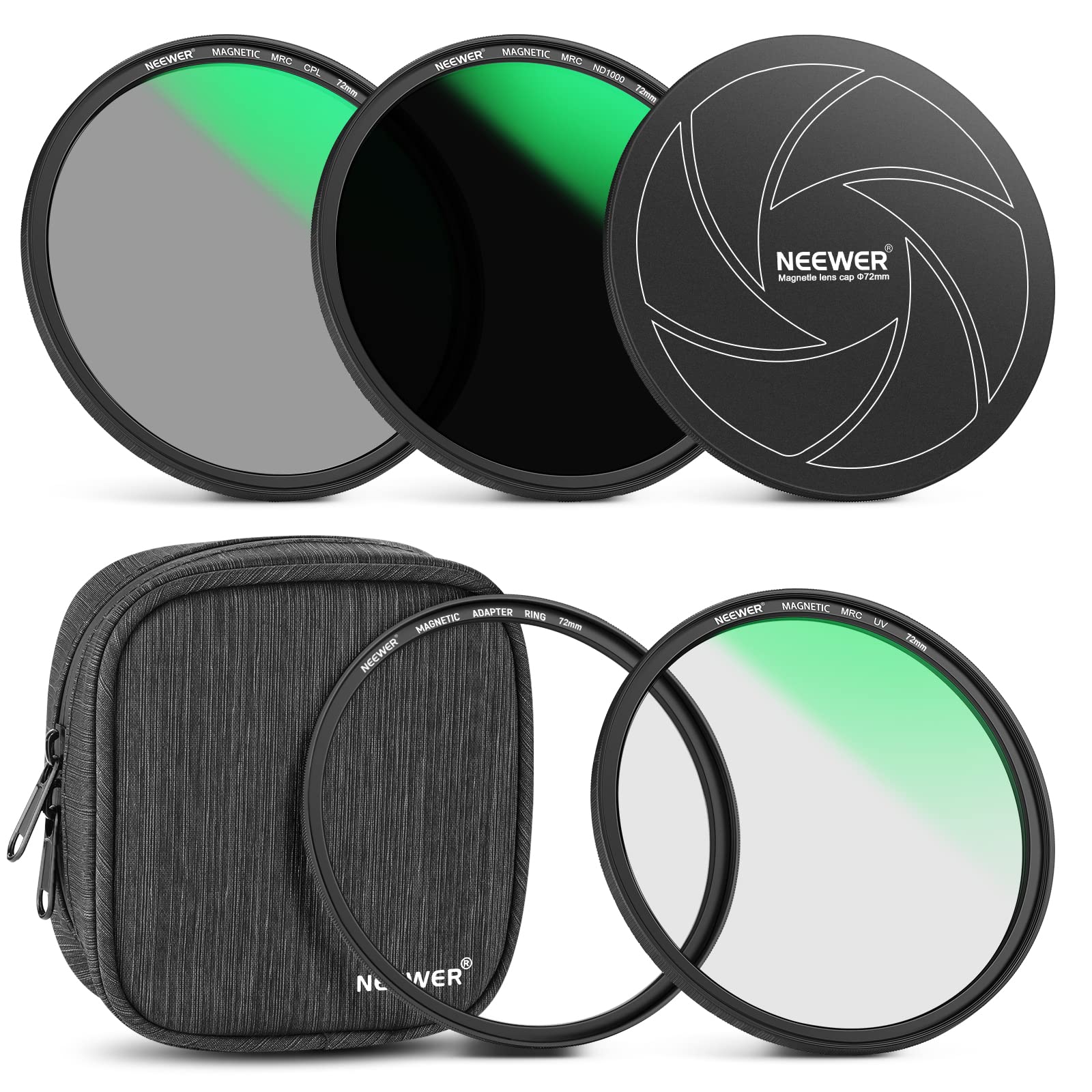 

NEEWER 72mm Magnetic Lens Filter Protection Adapter HD Optical Pouch Included 5-in-1 Set, ND1000+MCUV Filter+CPL Filter+Magnetic Ring+Lens/Filter Cap,