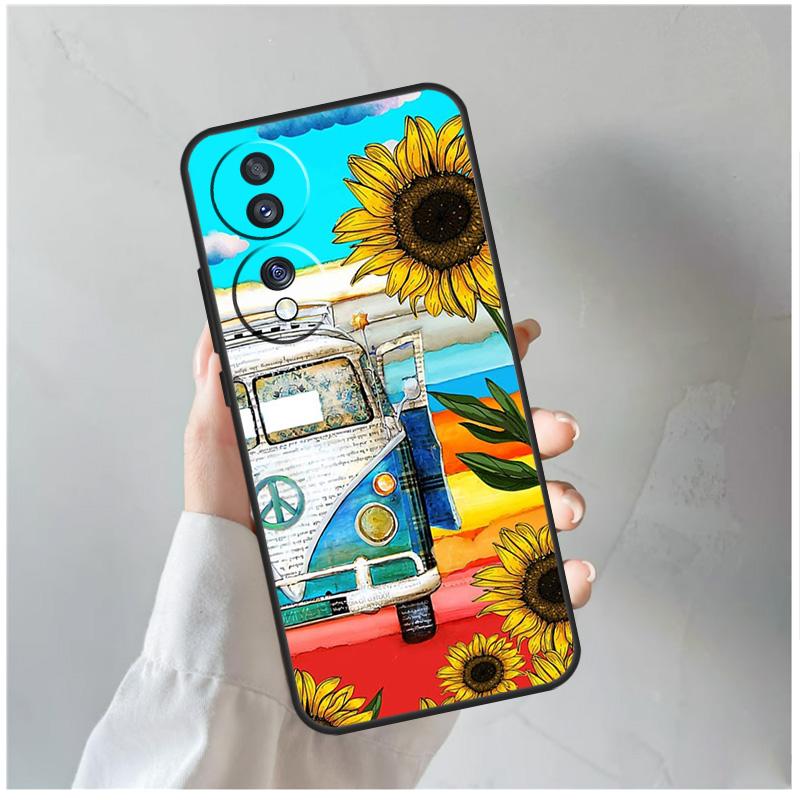 Hippie Fredsbuss och Solrosfodral För Honor 90 Lite 50 70 Magic 5 6 Pro X6 X7 X8 X9 X6a X7a X8a X9a X9b X8b Skydd Coque
