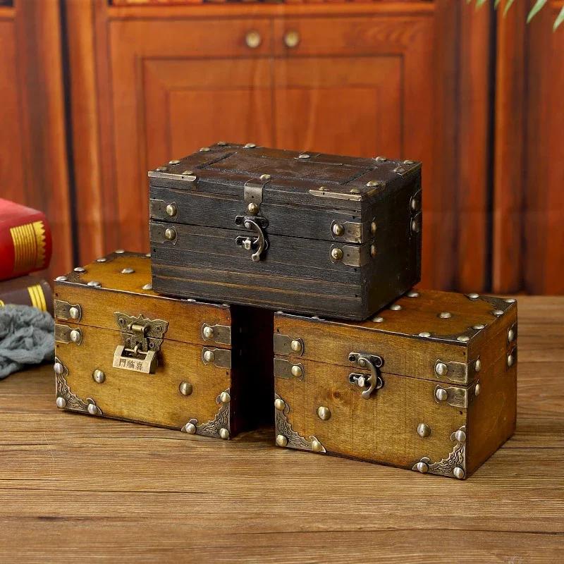 Vintage Medieval Wooden Jewelry Storage Box Trunk Jewelry Container Pirate Treasure Jewellery Storage Case Props With Lock
