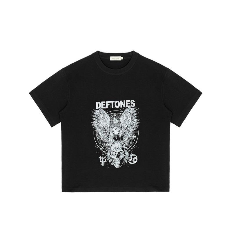 Black T Shirt with Deftones Band Logo and Owl Skull Graphic Design for Casual Wear