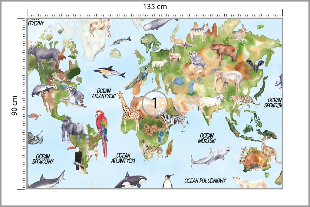 Photomural Watercolour World Map Washable Fleece 135x90