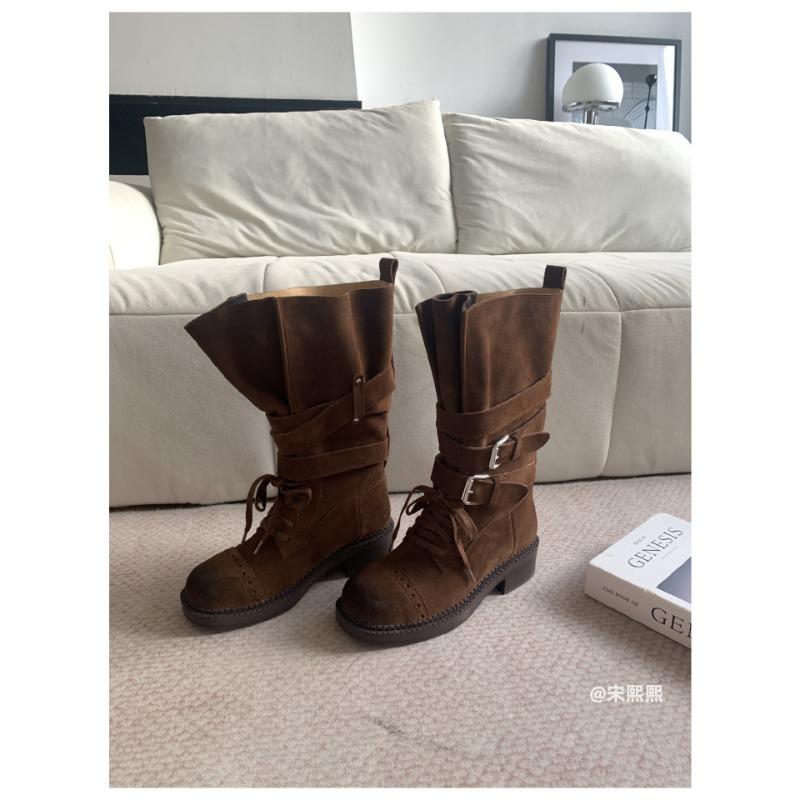 Retro Martin Boots Women's New Autumn Versatile Thick Heel Medium Tube Knight Boots Strap Round Head Western Short Boots
