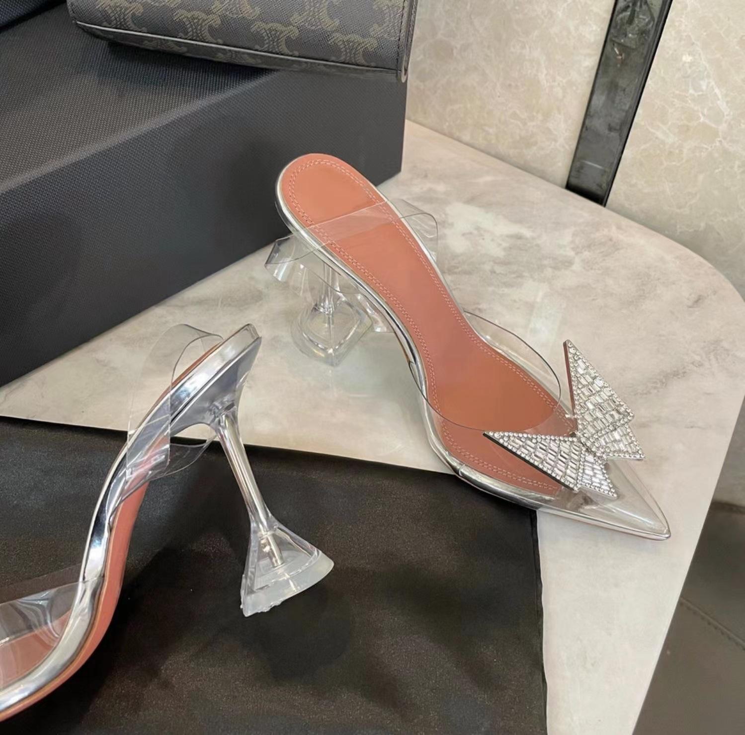 

Sexy bow bag head transparent sandals new pointed thin heel rhinestone rear empty high heels 41