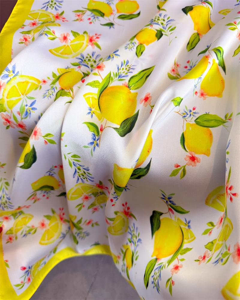 70cm Square Lemon Print Yellow Soft Satin Scarf Casual Elegant Thin Breathable Neck Women Windproof Head Wrap Hair Scarves 2025
