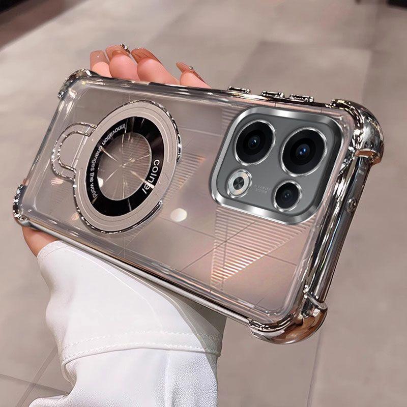 

Shockproof Plating Magnetic Bracket Magsafe Case For OPPO Reno 13 13F 12 12F 11 11F 10 Pro Plus 5G Silicone Cover Reno 10 Pro Plus серебряный