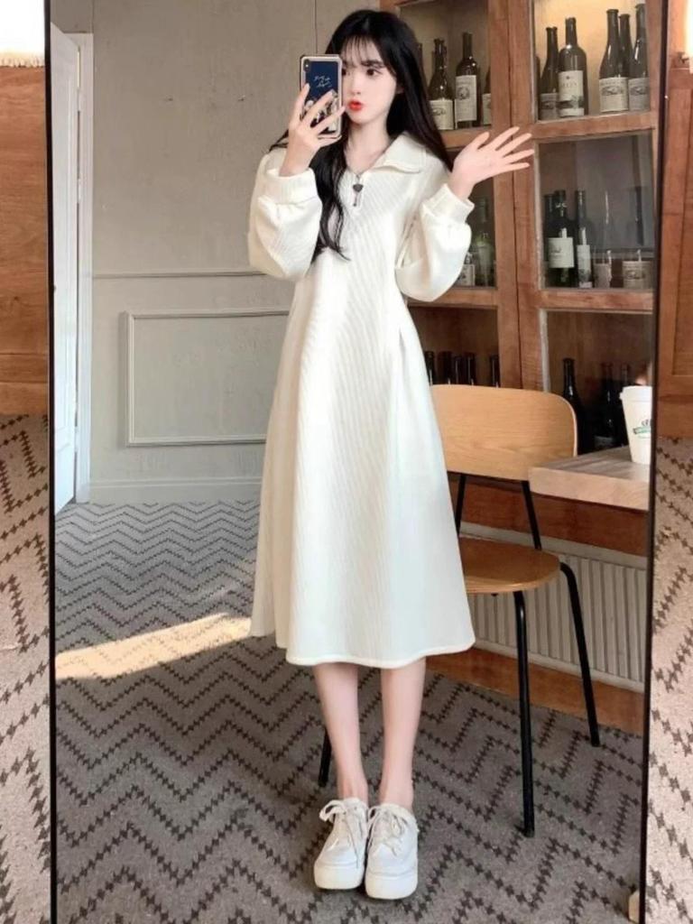Hepburn-style French Dress: Plus Size Slimming, Autumn/Winter, Cinched Waist, Polo Collar, Structured Shoulders, Inner Layer