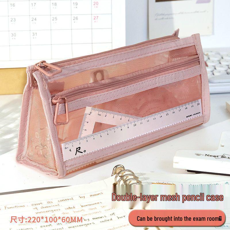 Transparent Mesh Double-Layer Pencil Case for Students - Large Capacity