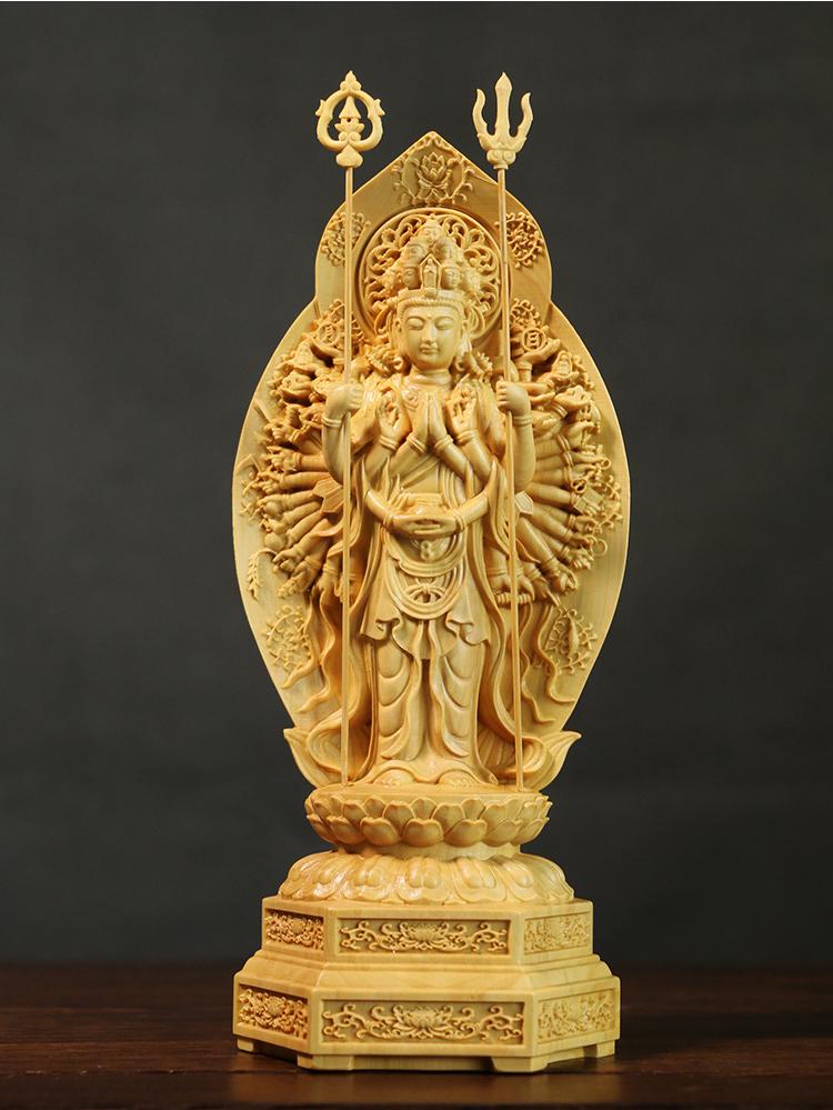 Feng Shui High 20cm Buddha Boxwood Thousand-Hand Guanyin Sculptur Home Decor