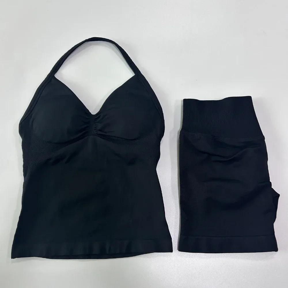 JYL Seamless Backless Two Piece Set Padded Halter Top Fitness Shorts