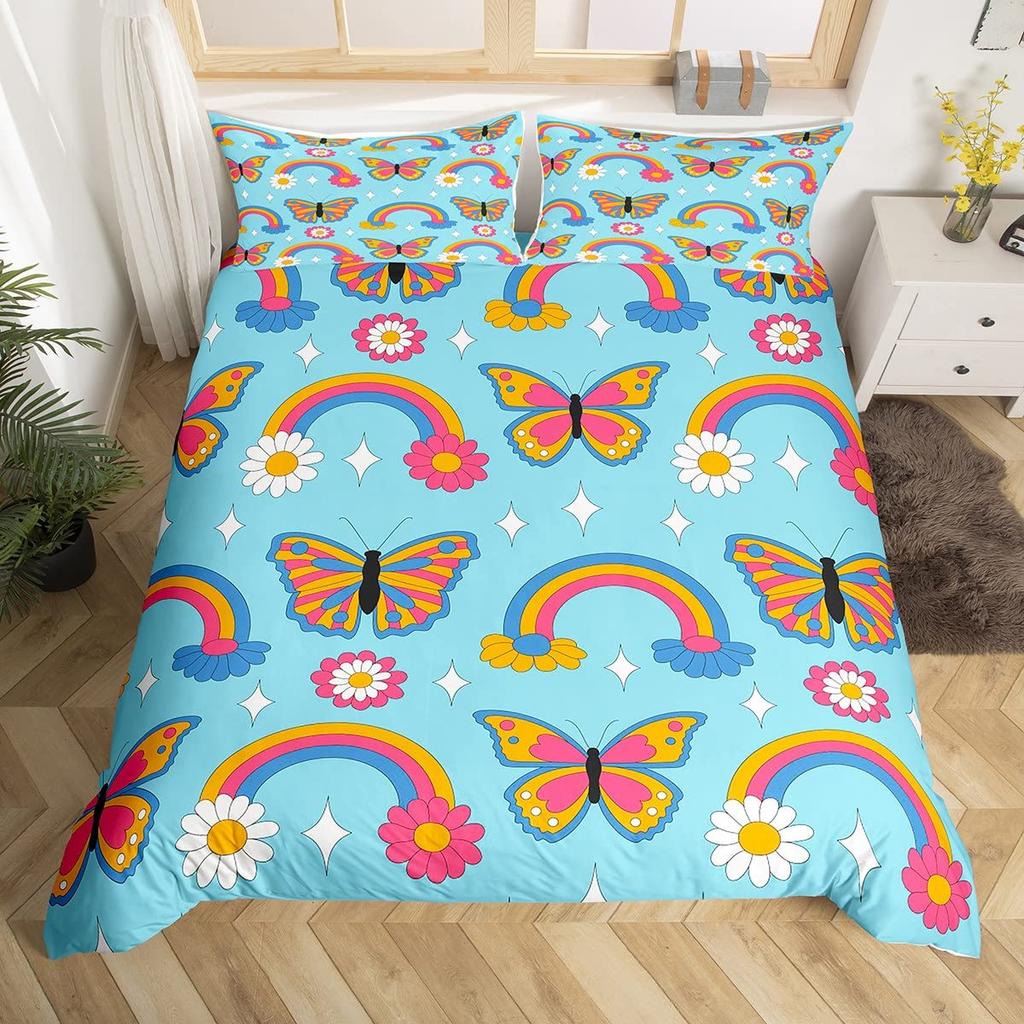 Vintage Groovy Flower Duvet Cover Cute Rainbow Butterfly Bedding Set Retro Floral Boho Pink Comforter Cover with 2 Pillow Case