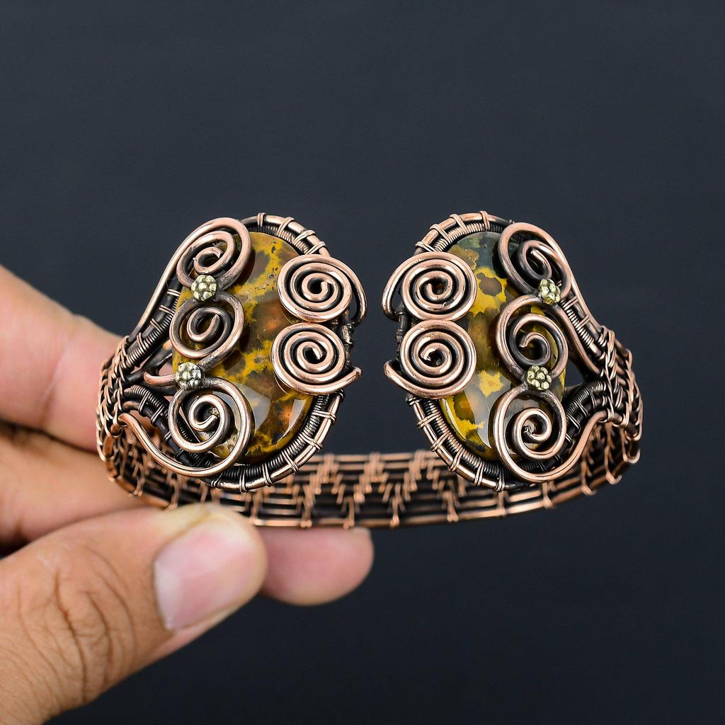 Bamboo Jasper Gemstone Pure Copper Wire Wrapped Handmade Cuff/ Bangle Adjustable Jewelry For Her