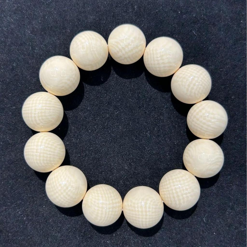 Erkek Budist Tesbih Bileklik - Izgara Desenli Taklit Mamut Fildişi, Tek Tur, Edebi El Sanatı
