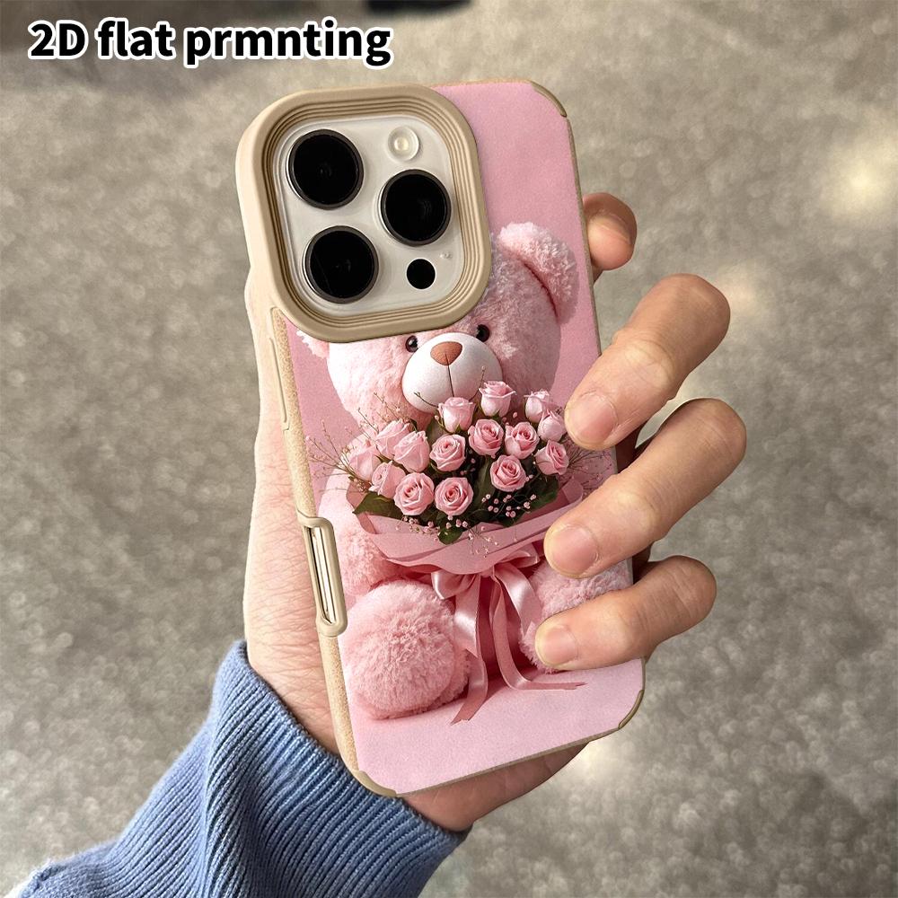 Phone Case: 2D Flat Lambskin Suitable for iPhone 18, 17, 16, 15, 14, 13 Pro Protective Case, Pink Teddy Bear, Christmas and Halloween Gift