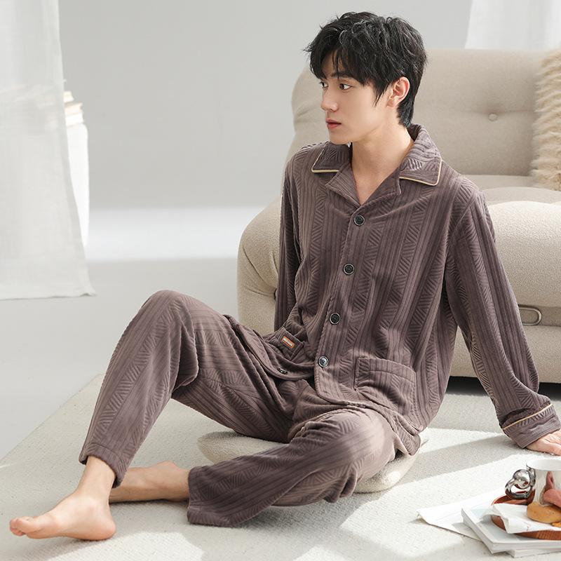 Island Fleece Pajamas Men'S Winter Coral Fleece Thickened Fleece Autumn And Winter Thermal Men'S High-End Cardigan Loungewear